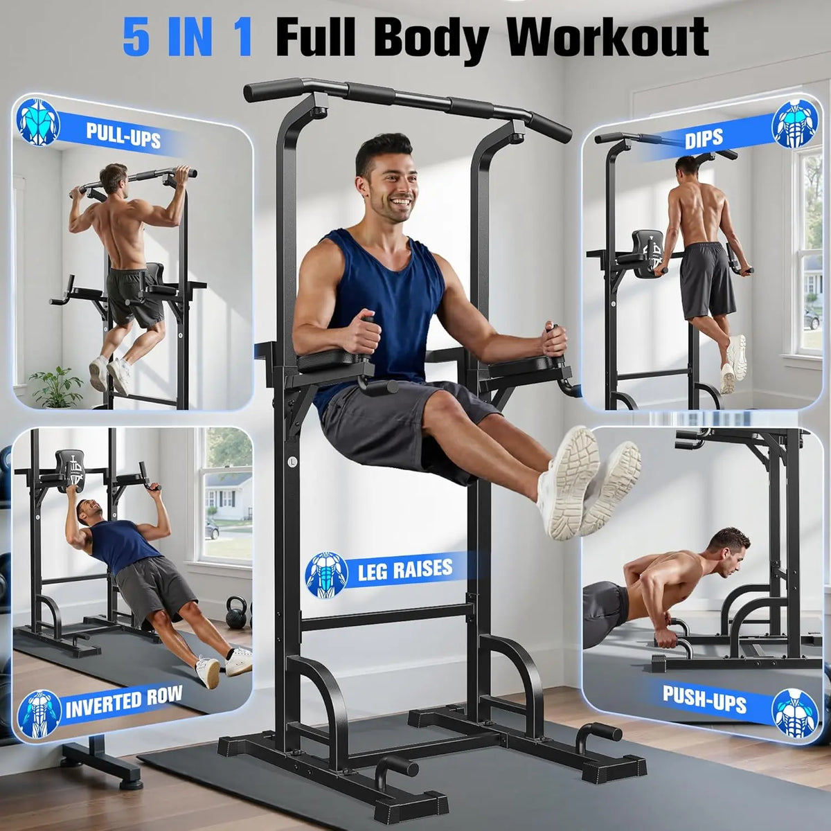 Adjustable Power Tower Pull Up & Dip Station for Full Body Workout